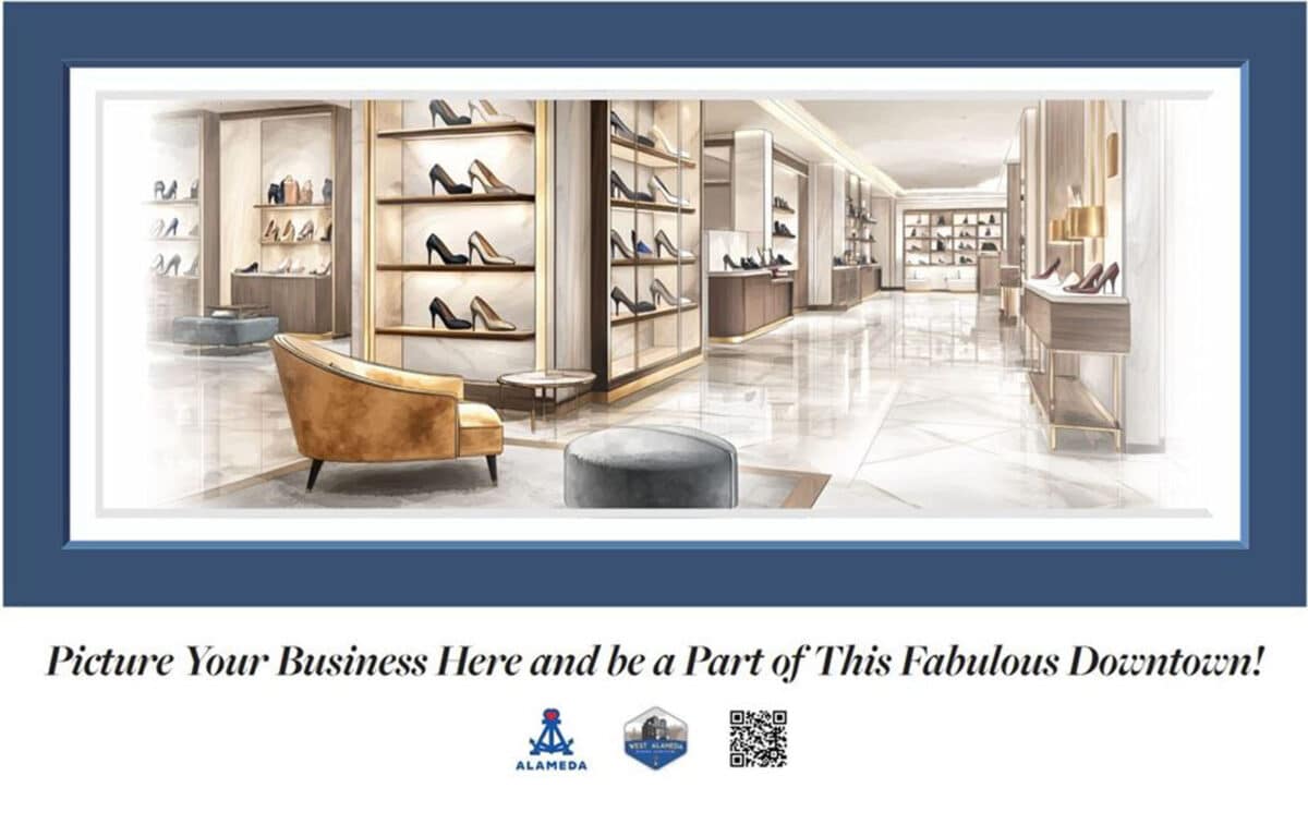 Alameda Post - a drawing of a fancy shoe store with words under it that say, "Picture Your Business Here and be a Party of this Fabulous Downtown" which is intended to be put in empty storefronts as an effort to improve economic development