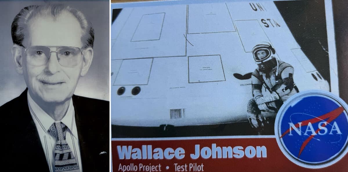 Alameda Post - a portrait of Wallace A. Johnson and a photo of him on a NASA pamphlet in full gear