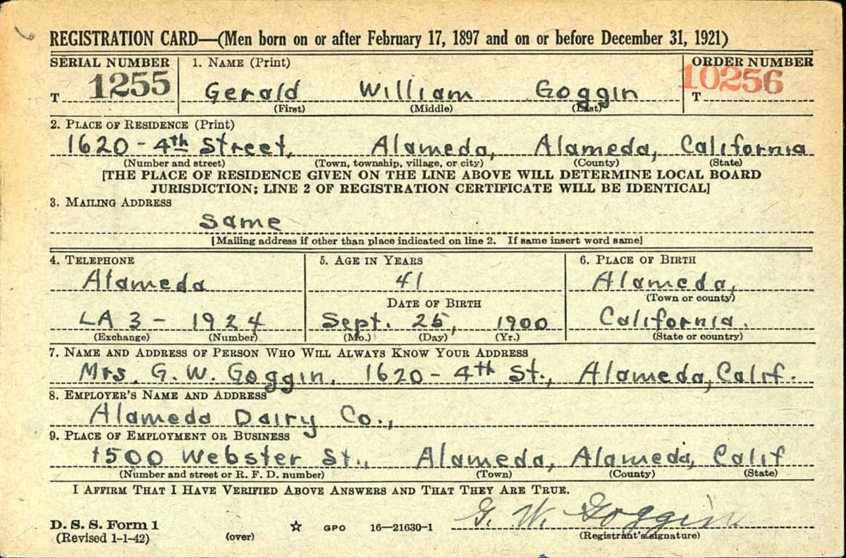 Alameda Post - an old draft registration card for a Gerald William Goggin born September 25, 1900