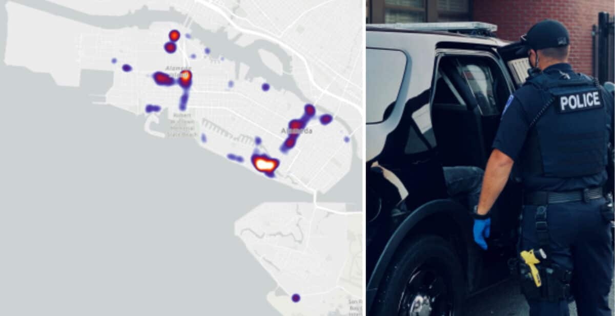 Alameda Post - a heat map of Alameda with hot spots around South Shore, Alameda Landing, Webster, and Park