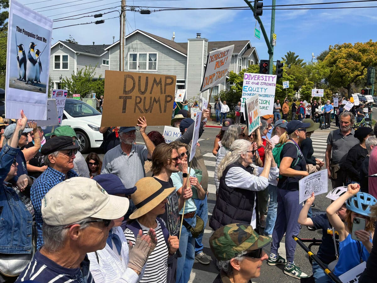 Protestors gather at the corner of Park Street and Otis Drive on April 5, 2025 Hands Off Rally in Alameda, CA. Photo Richard Bangert.