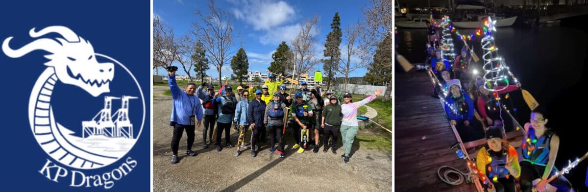 Alameda Post - the KP Dragons logo, a group photo of people holding paddles, and a dragon boat decked out for the Lighted Yacht Parade