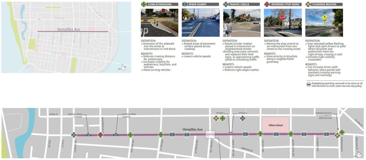 Alameda Post - a plan of the neighborhood greenway on Versailles Avenue including traffic circles, humps, flashing beacons, reversed stop sign, and curb extensions