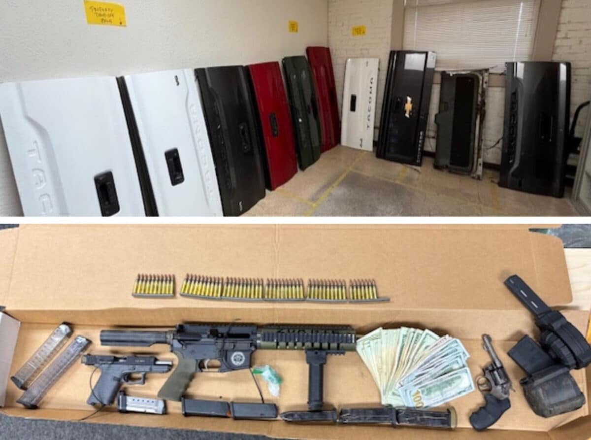 Alameda Post - a room full of truck tailgates and a bo of ammunitions, cash, and weapons confiscated from an investigating into a fencing operation 