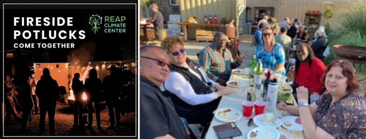 Alameda Post- a poster for Fireside Potlucks at REAP Climate Center, and a photo of guests at an outdoor table participating