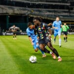 Alameda Post - an Oakland Roots player controls the ball in a match against Las Vegas Lights