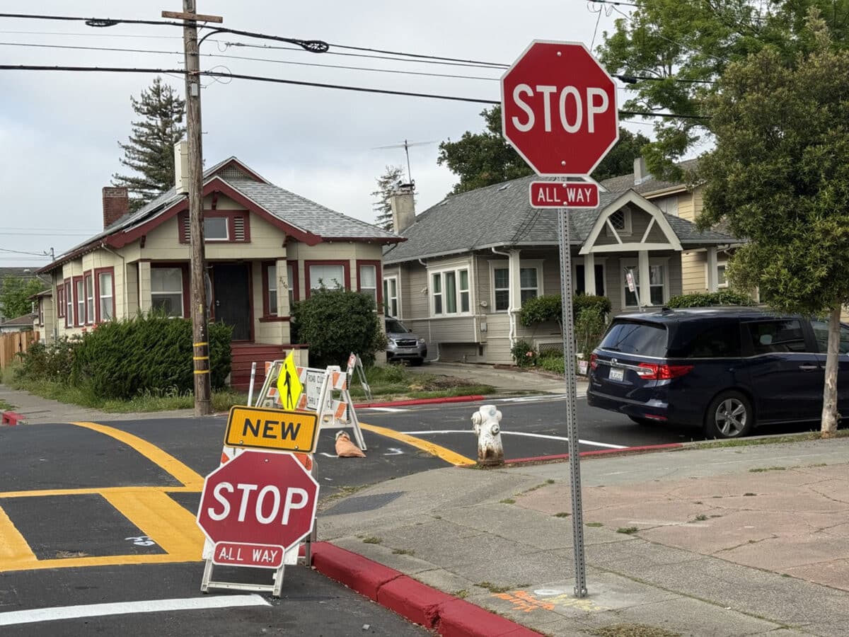 Alameda Post - the intersection of Walnut Street and Pacific Avenue with new four way stop signs