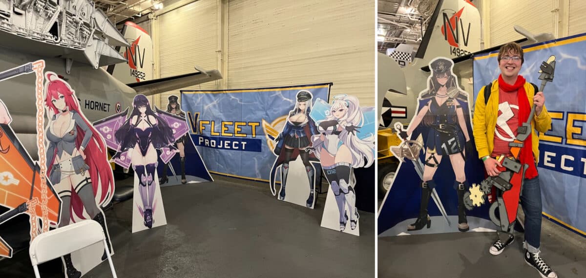 Alameda Post - cardboard props of Vfleet Vtubers, who are curvaceous anime girls, and a cosplayer standing next to one of the Vtuber cardboard props and smiling