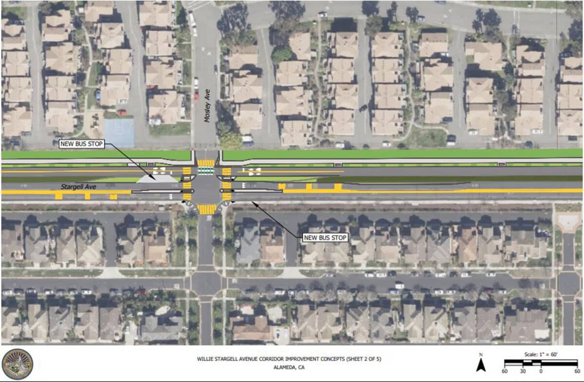 Alameda Post - a design of the Willie Stargell Avenue Complete Street Corridor Project which includes a new bus stop at Moseley Avenue