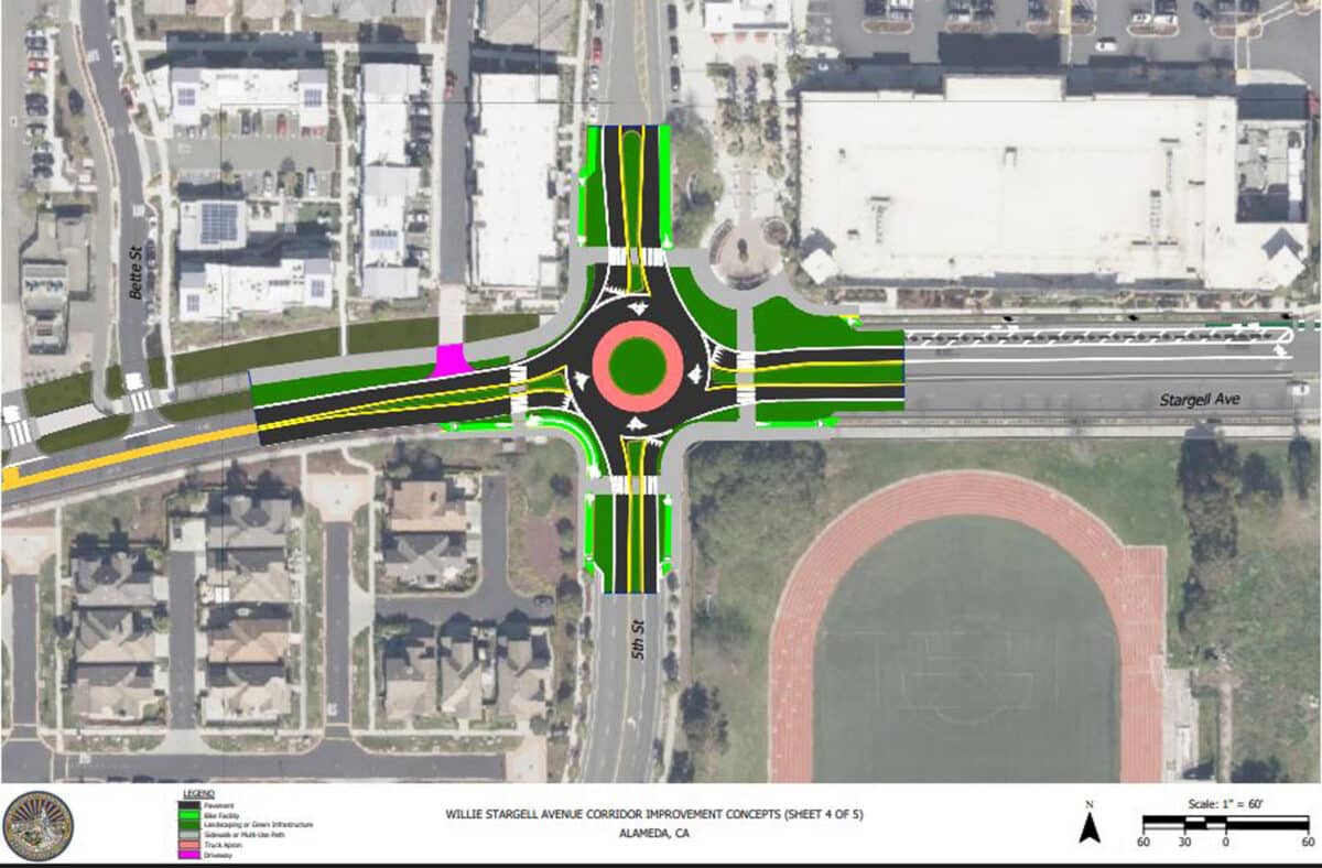 Alameda Post - a design of the Willie Stargell Avenue Complete Street Corridor Project which places a roundabout at fifth street