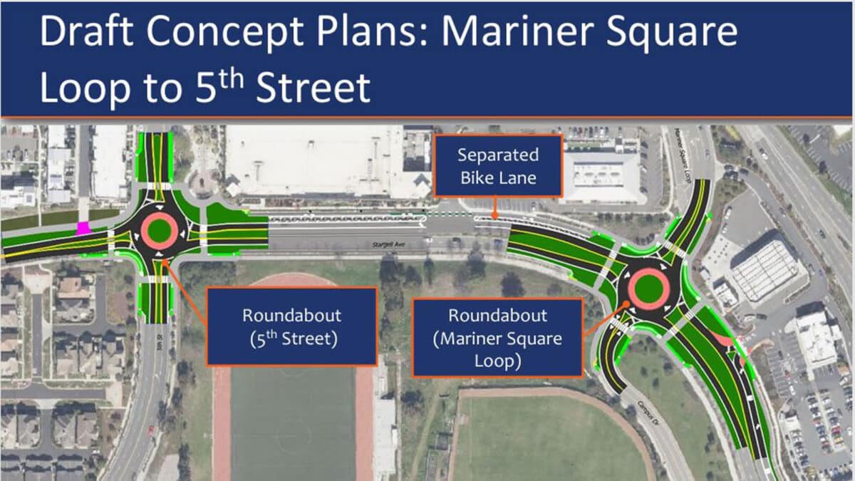 Alameda Post - Willie Stargell Avenue Complete Street Corridor Project plans from Mariner Square Loop to 5th Street. There are two roundabouts at the intersections, and a separated bike lane