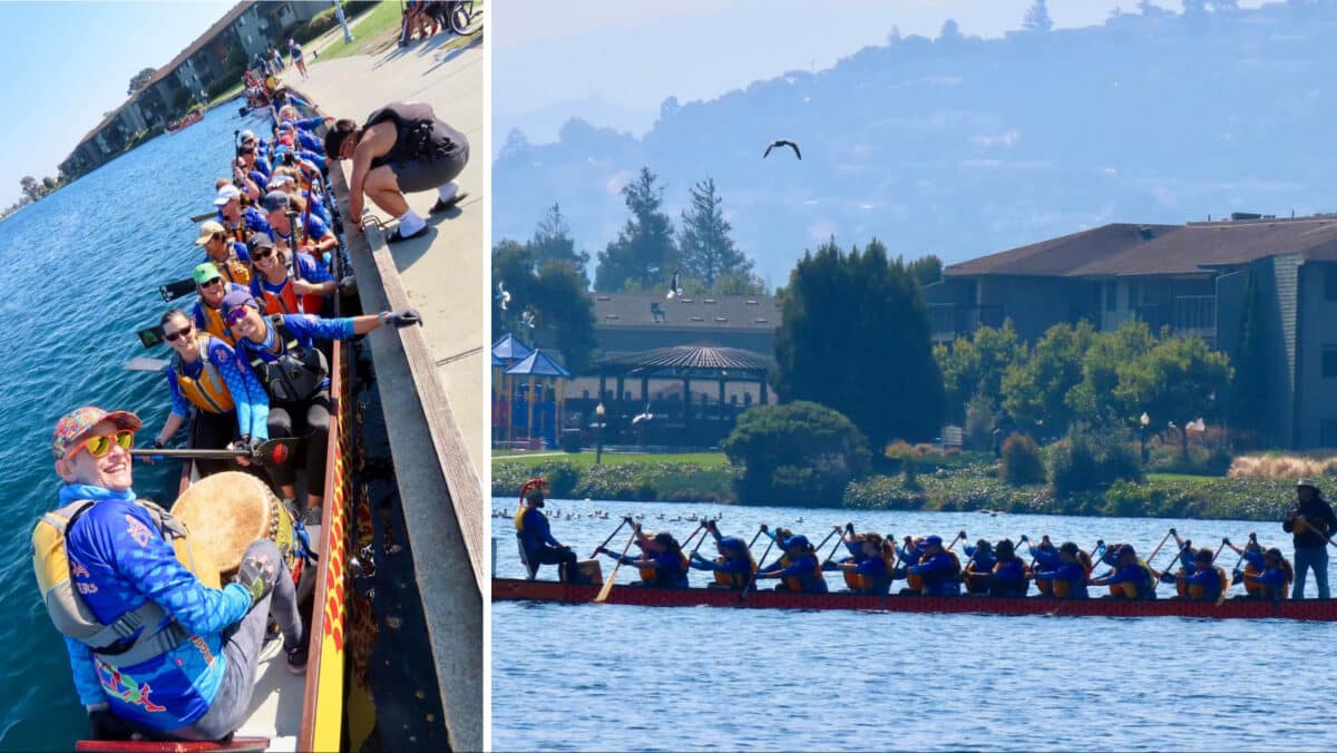 Alameda Post - a team of Alameda DragonFlyers in their boat turn to smile at the camera, and a team paddles out on the water