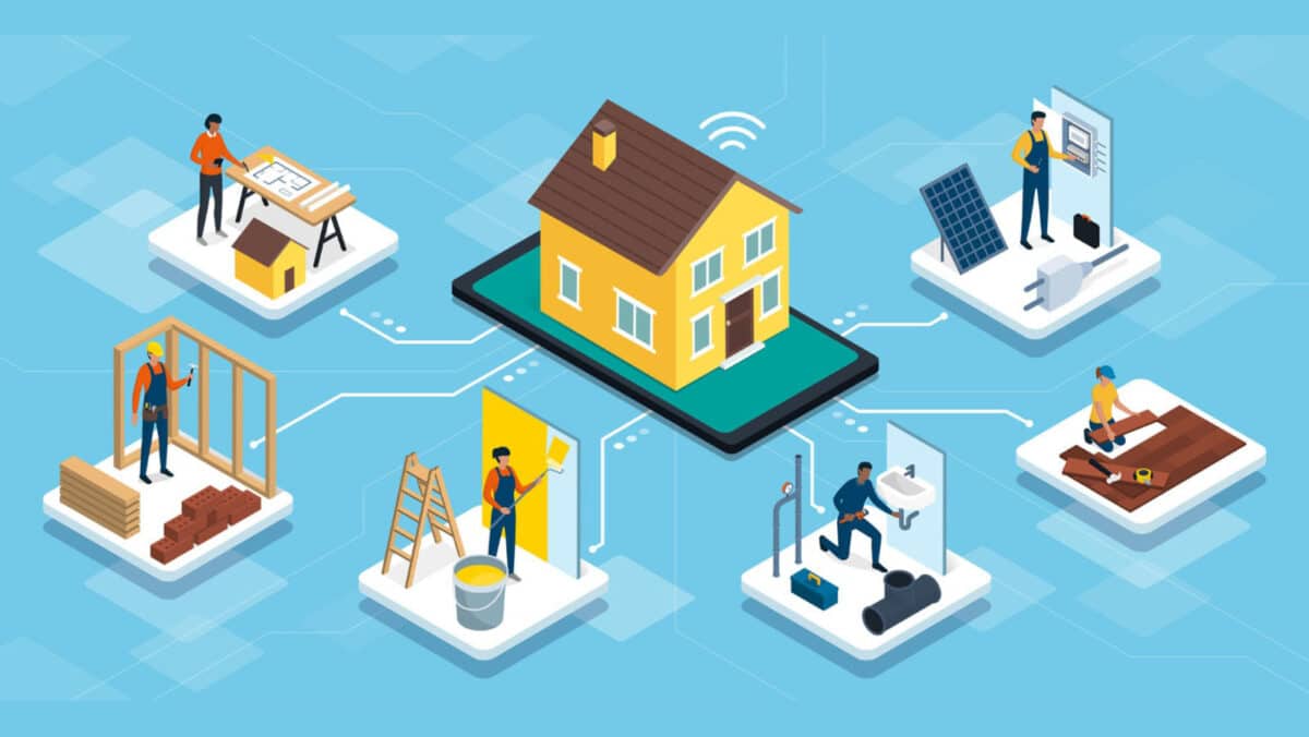 Alameda Post - an image of a house and a circle of workmen and women constructing parts of it like flooring, electricity, and plumbing