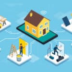 Alameda Post - an image of a house and a circle of workmen and women constructing parts of it like flooring, electricity, and plumbing