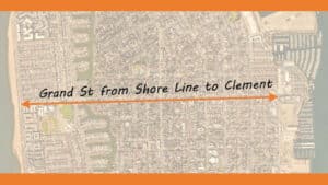 Alameda Post - a map of Alameda with a line down Grand Street that says "Grand St from Shore Line to Clement"