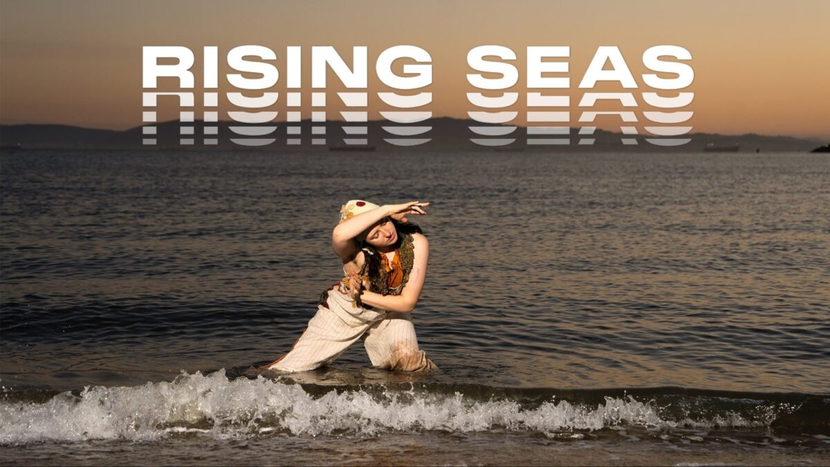 Alameda Post - the poster for the Rising Seas events, which includes a photo of a dancer in the water at a beach