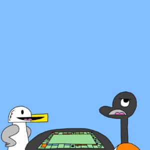 Alameda Post - Seagull and Goose sit at a board game that looks like monopoly