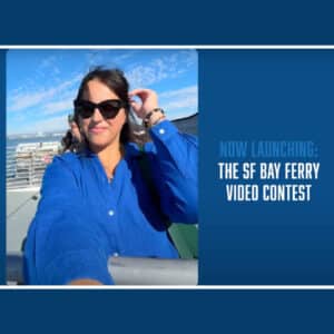 Alameda Post - a screenshot of a woman recording herself about to ride the ferry, and words that say "Now launching: The SF Bay Ferry Video Contest"