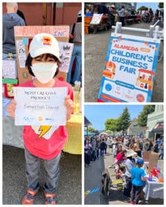 Alameda Post - the sign for the Children's Business Fair, and a photo of the fair itself. It was located near Taqueria Mi Burrito in the pedestrian park off of Park Street.