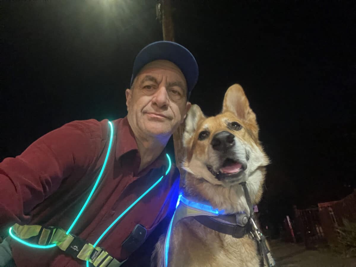 Alameda Post - Mouf and his human companion wearing light up gear at night