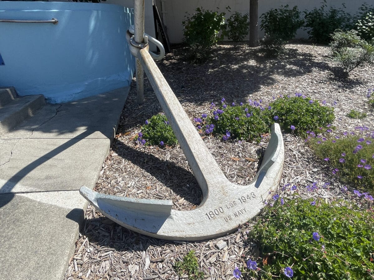 Alameda Post - an anchor on dry land and a California Registered Historical Landmark sign for the Pan Am China Clipper