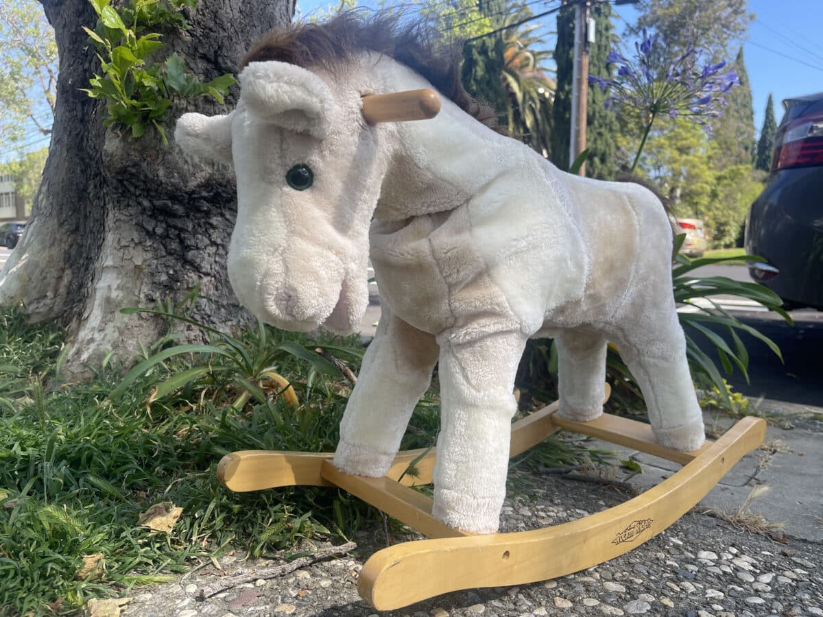 Alameda Post - a plush rocking horse with a wooden rocker