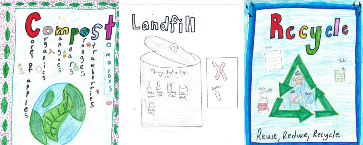 Alameda Post - three hand drawn signs for compost, landfill, and recycling made by elementary schoolers for the “Go Green” Label Design Contest