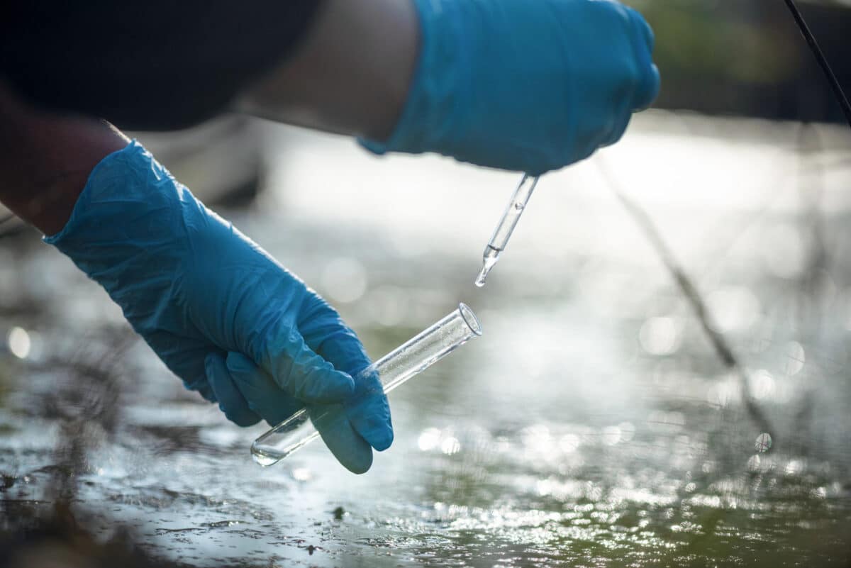 Alameda Post - a gloved set of hands collects a water sample out of a body of water
