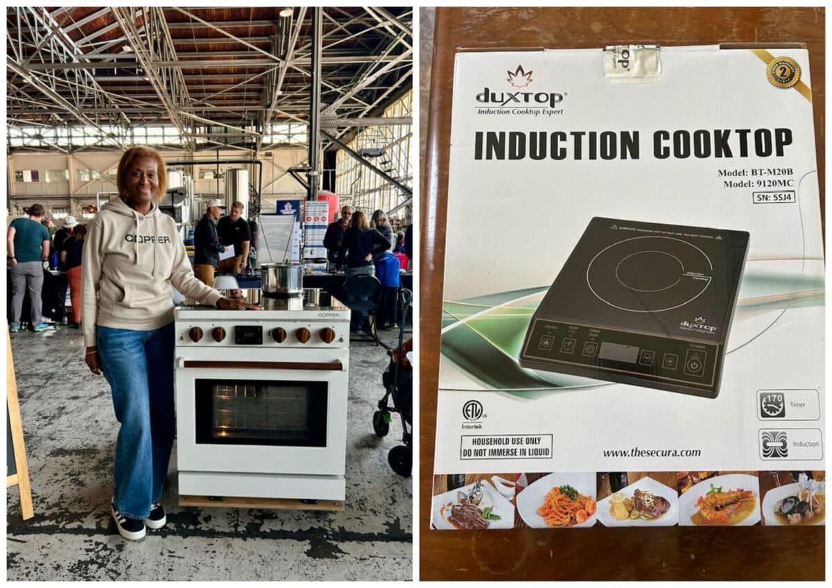 Alameda Post - In one photo, a woman stands next to an induction stove and smiles. In the other photo, a box containing a single element of an induction cooktop is pictured.