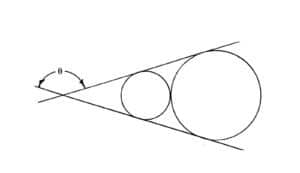 Alameda Post - two intersecting tangent lines and two tangent circles that fit neatly in the "V" shape created on one side of the lines' intersection. The large angle at the intersection of the lines is theta. The circles fit snuggly in the smaller angle of the "V" of the lines, and they touch each other.