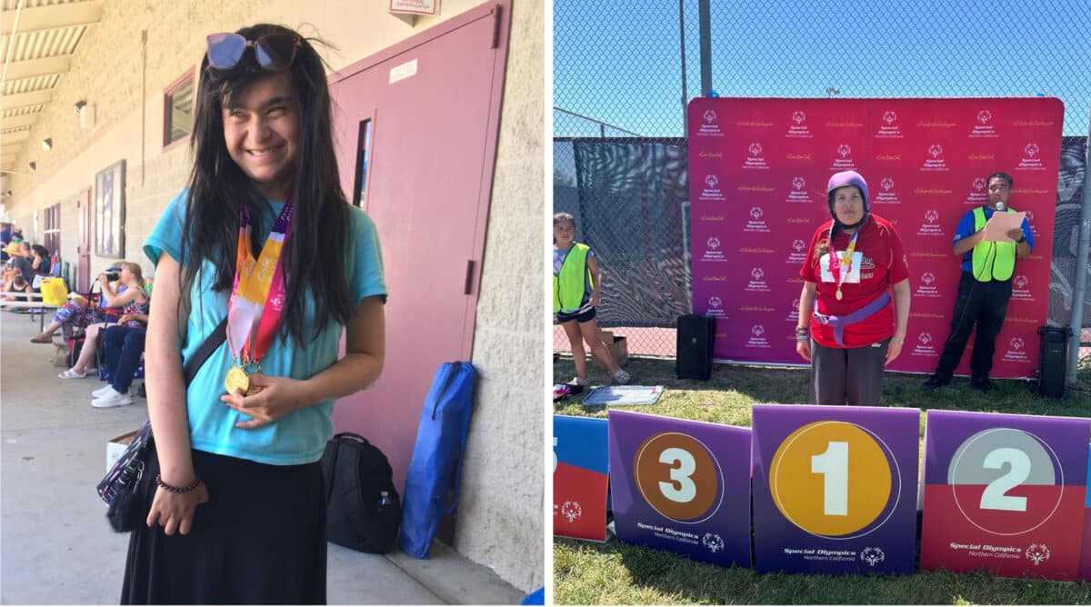 Alameda Post - in one photo, an Alameda Islander poses with multiple medals, and in the other photo, an athlete stands at the #1 position on a podium