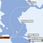 Alameda Post - a map of the Bay area with routes from Vallejo, Richmond, Oakland, and Alameda to Oracle Park