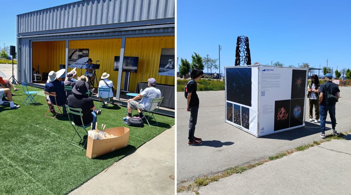 Alameda Post - at RADIUM Runway, guests view a cube with art displays and sit listening to a musician