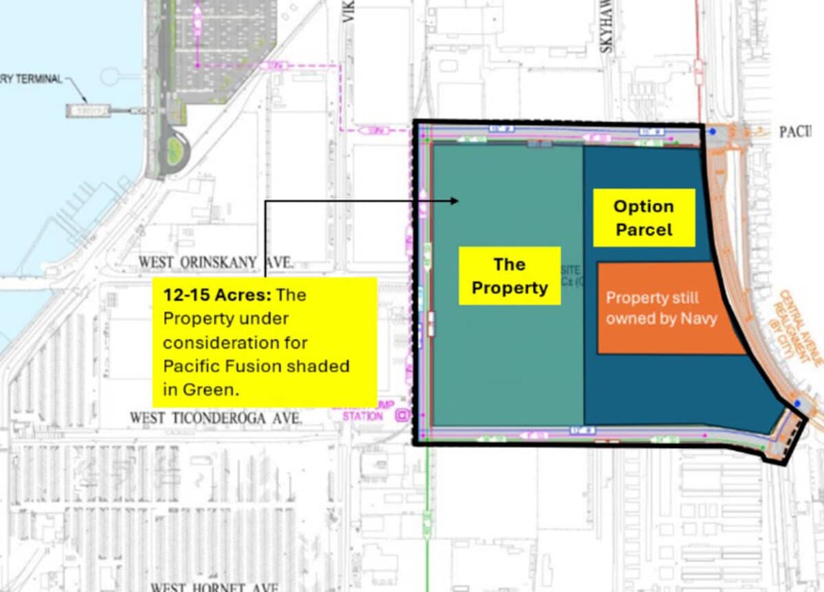 Alameda Post - a map of Alameda Point that indicates where Pacific Fusion may have a facility. It includes a 12-15 acre property as well as a property next door labeled "Option Parcel" while includes land still owned by the Navy