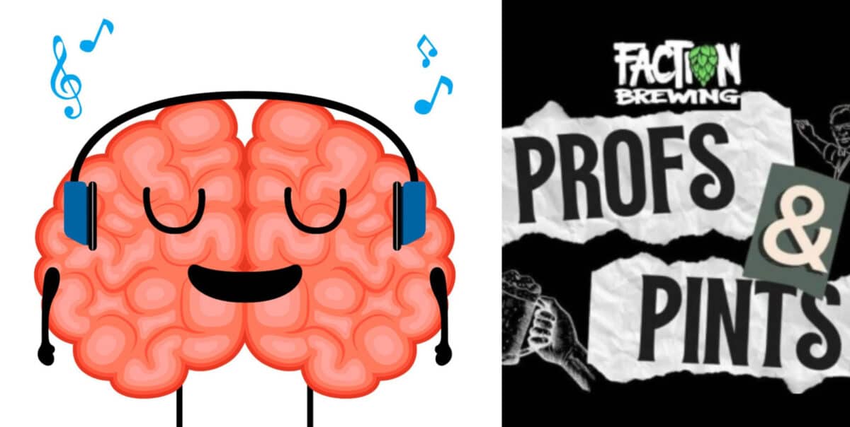 Alameda Post - a cartoon brain listening to music through headphones, and the Profs & Pints logo