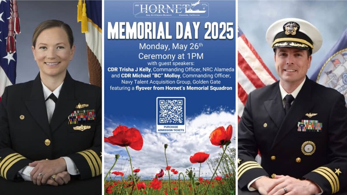 Alameda Post - the poster for Memorial Day 2025 on the USS Hornet and photos of CDR Trisha Kelly and CDR Michael Molloy
