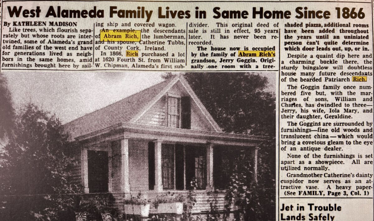 Alameda Post - a black and white photo of 1620 Fourth Street and a newspaper article titled West Alameda Family Lives in Same Home Since 1866