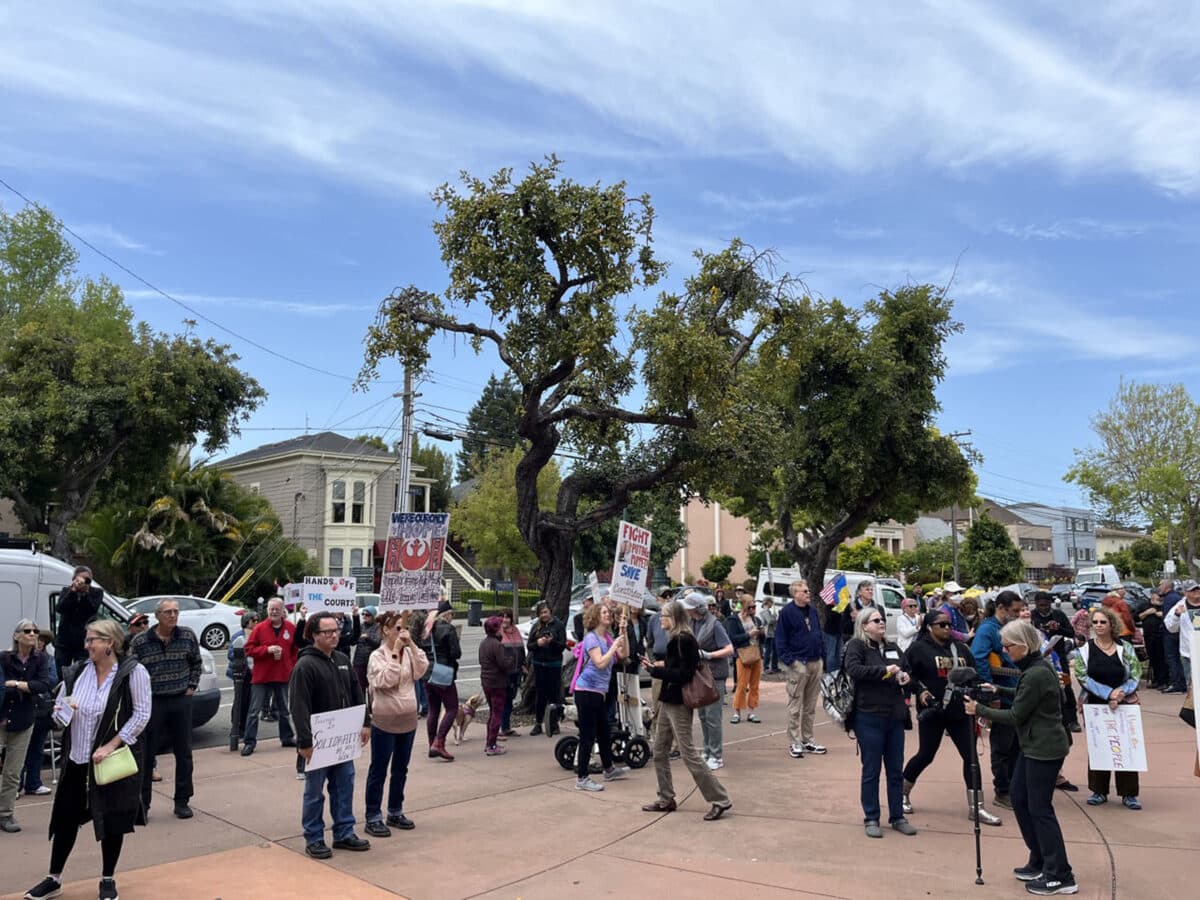 Alameda Post - protestors in front of City Hall in Alameda hold signs that say things like "We are our only hope"