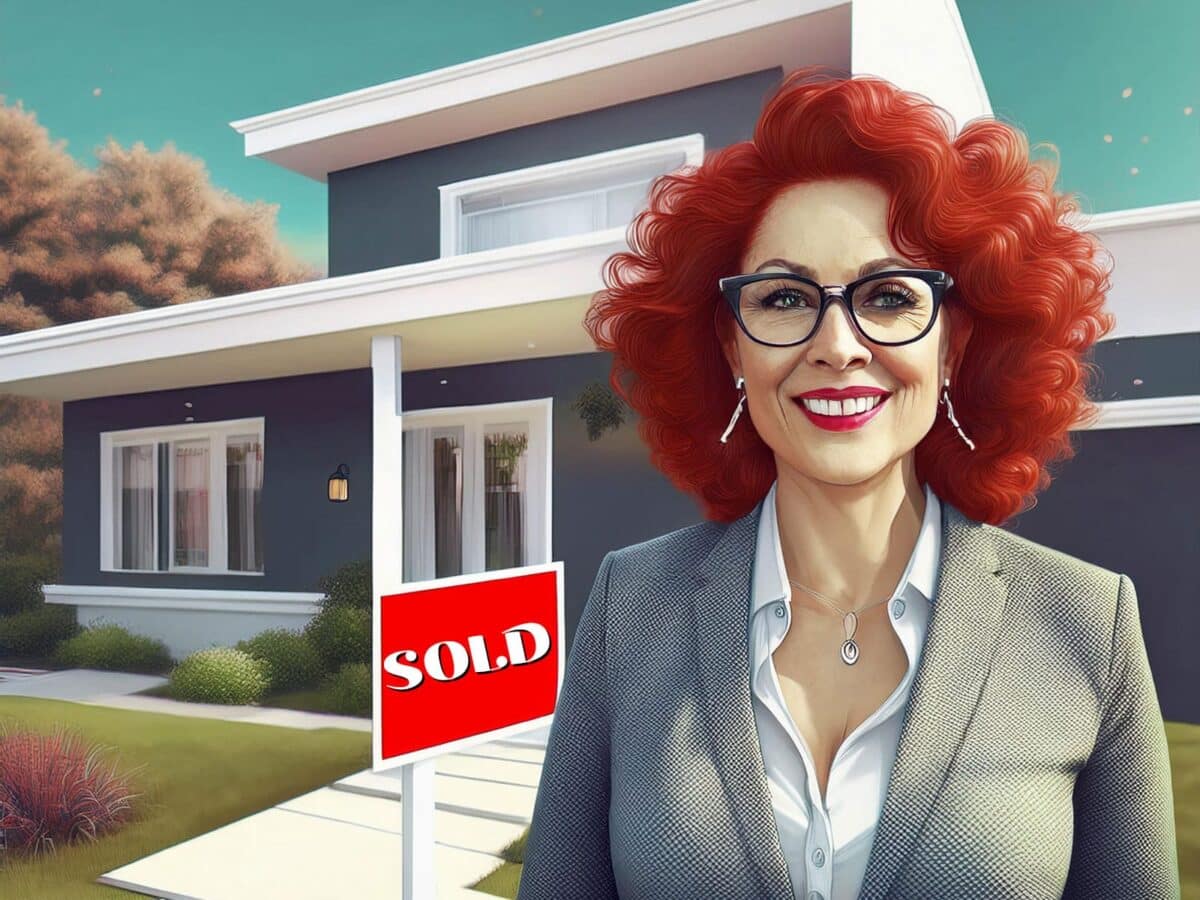 Alameda Post - a graphic of a red headed realtor standing in front of a house with a sold sign