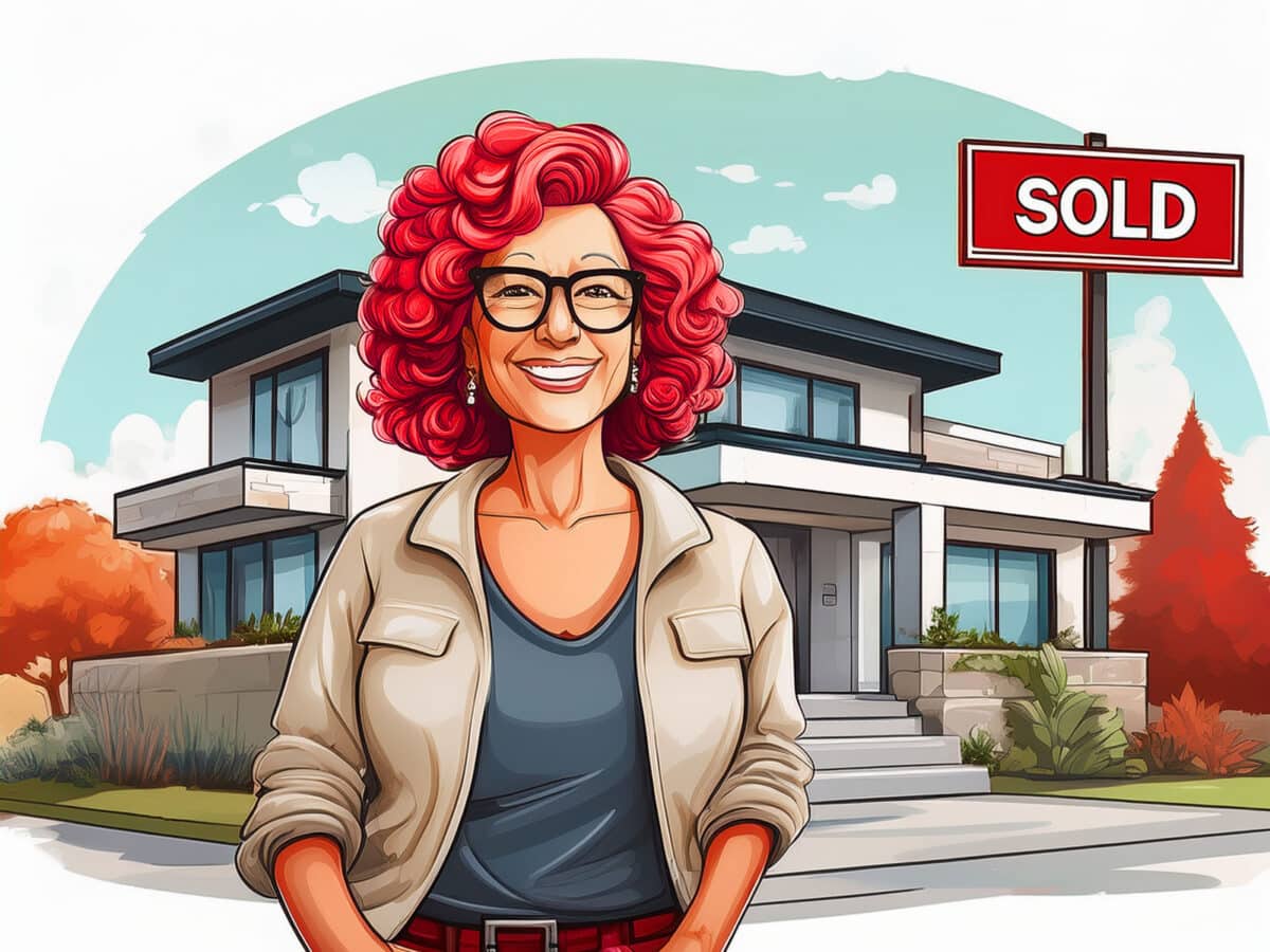 Alameda Post - a cartoon of a red haired woman with glasses standing in front of a home with a Sold sign