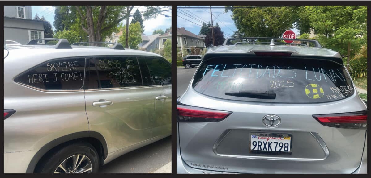 Alameda Post - photos of messages written on the windows of a minivan that say "Skyline Here I come," "Class of 2025," and "Felicidades Luna!" etc