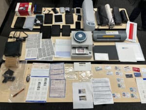 Alameda Post - a table full of phones, scanners, government IDs and documentation, and other items found during the search of an individual's home who was on probation for felony identity theft