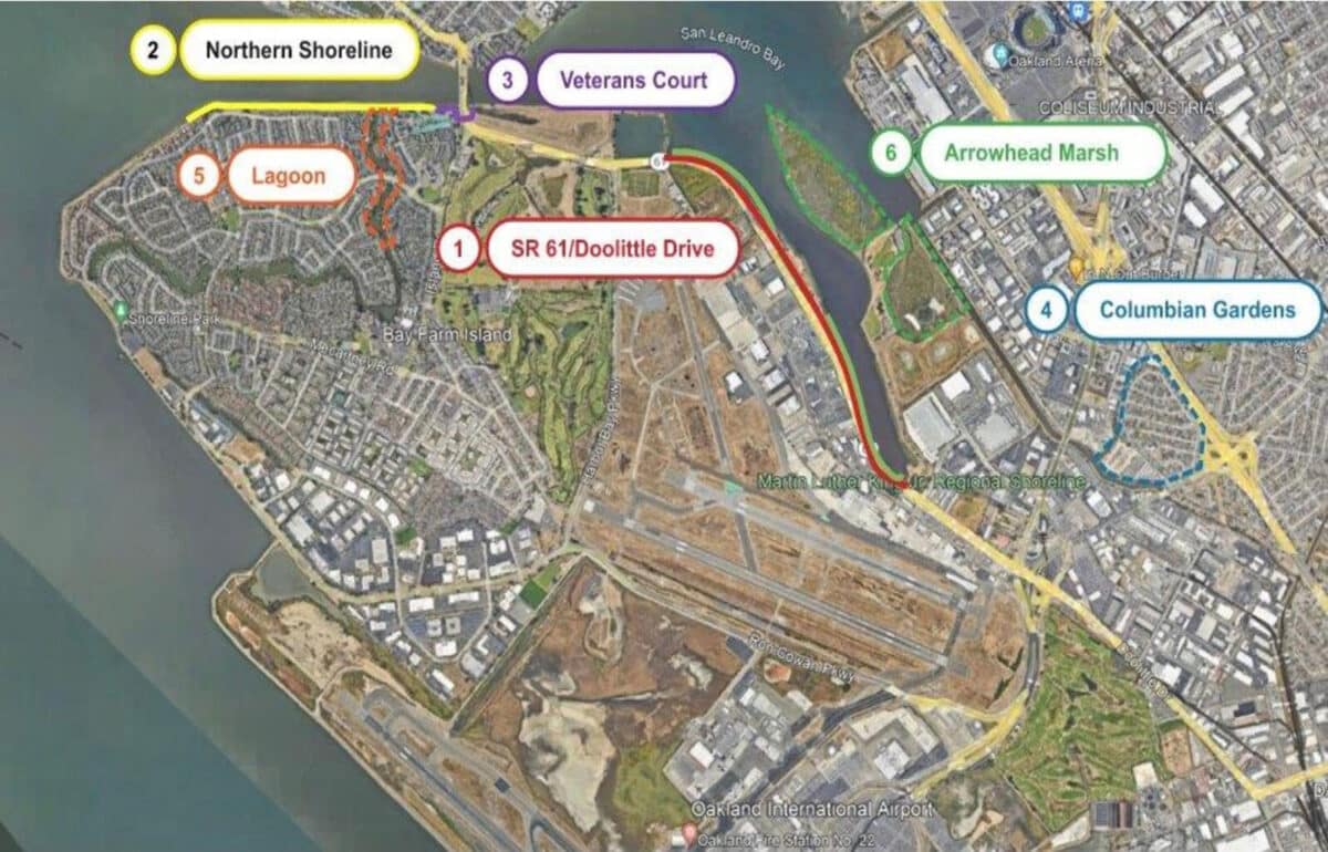 Alameda Post - a map of Bay Farm Island with indications for where sea level adaptation should be addressed 