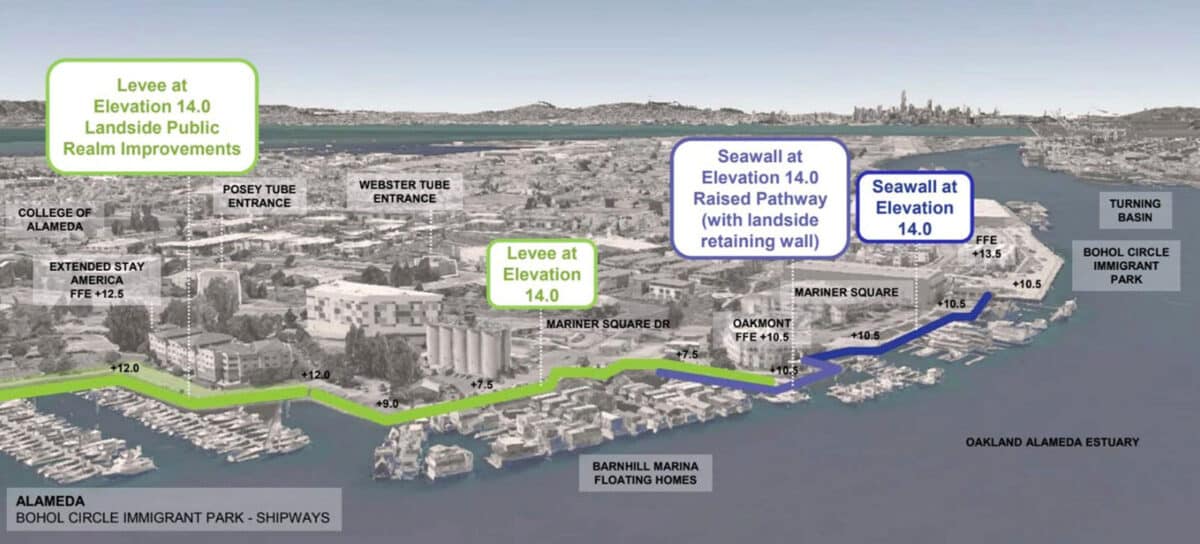 Alameda Post - a map of the Alameda side of the estuary with indications for seawalls and levees