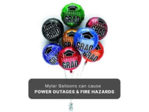 Alameda Post - a photo of mylar balloons with text "Mylar balloons can cause power outages and fire hazards