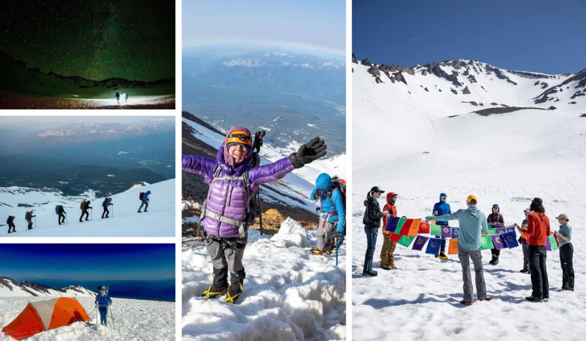 Alameda Post - a collage of photos of hikers climbing a snowy Mount Shasta for Breast Canver Prevention Partners
