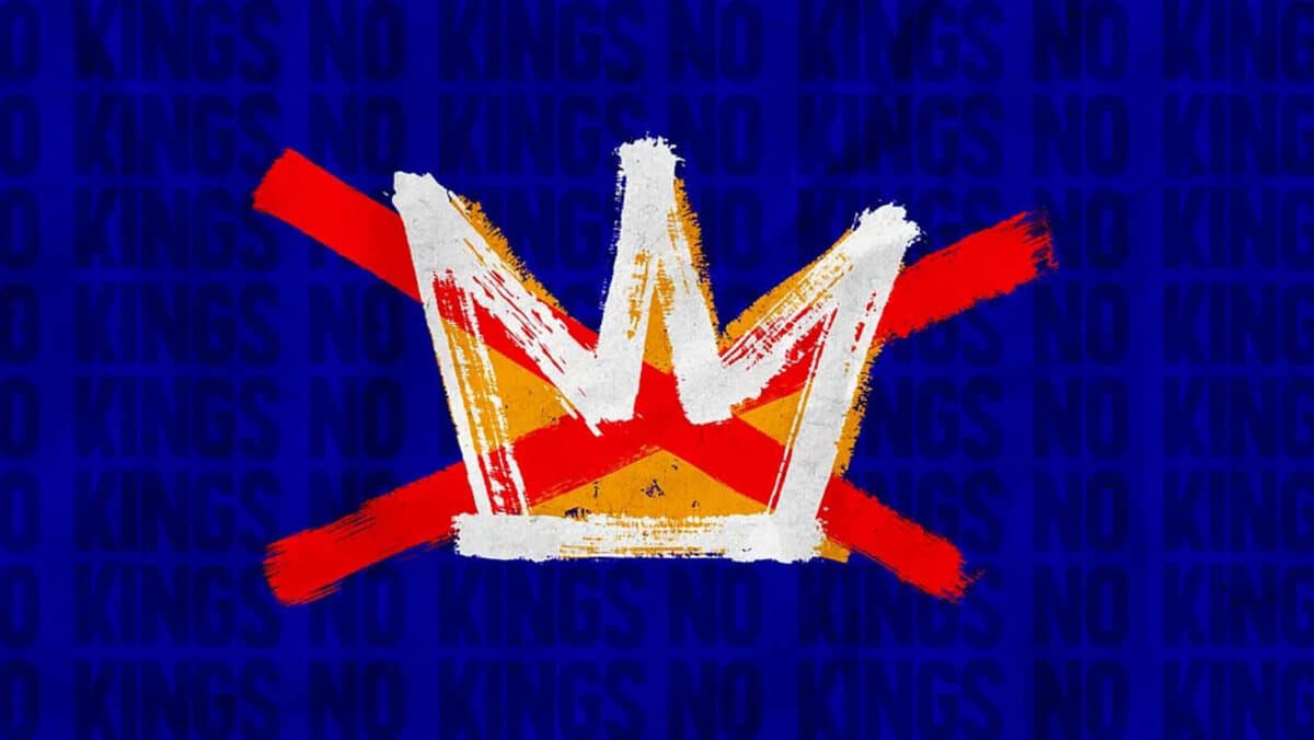 Alameda Post - a logo of a crown with a red "X" through it with background text that says "No Kings"