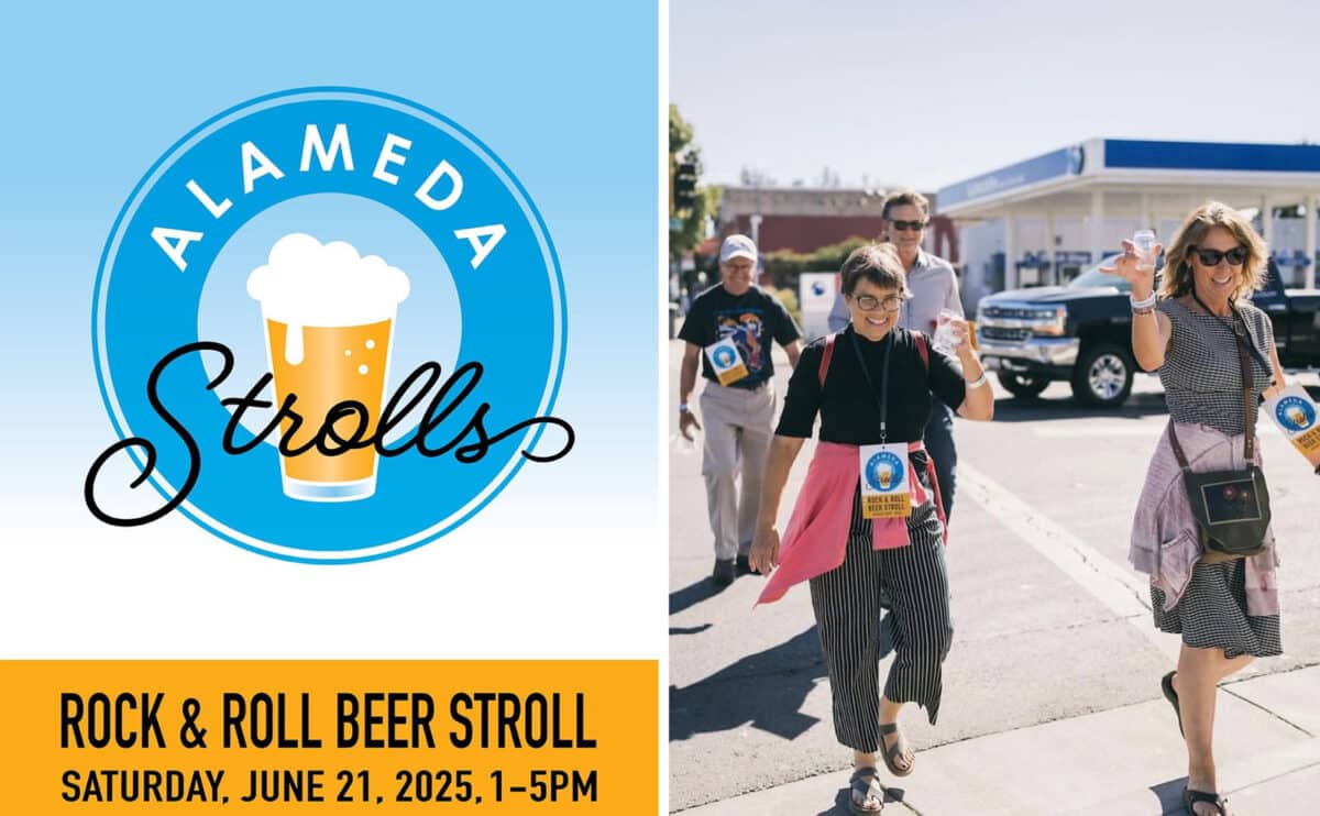 Alameda Post - the poster for Alameda Strolls Rock & Roll Beer Stroll and a photo of a past year's event