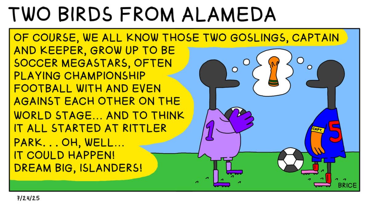 Alameda Post - Two Birds from Alameda for July 24, 2025. In a single panel, two grown geese stand wearing different colored soccer uniforms and dream of a trophy. Text says, "Of course, we all know those two goslings, Captain and Keeper, grow up to be soccer megastars, often playing championship football with and even against each other on the worlds stage... and to think it all started at Rittler Park... Oh, well... It could happen! Dream big, Islanders!"
