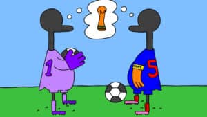 Alameda Post - Two Birds from Alameda: two grown geese wearing different colored soccer uniforms dream of a trophy